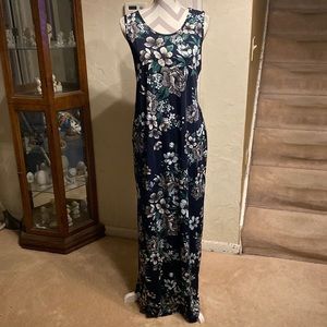 Large Lularoe Dani maxi dress-navy bkgrd w/ emerald, grey & white floral